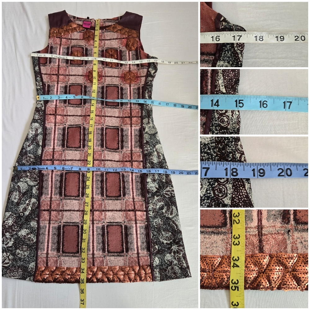Save The Queen Sheath Dress Leather Inserts Rose Gold Sequins Geometric Maroon M - Picture 14 of 14